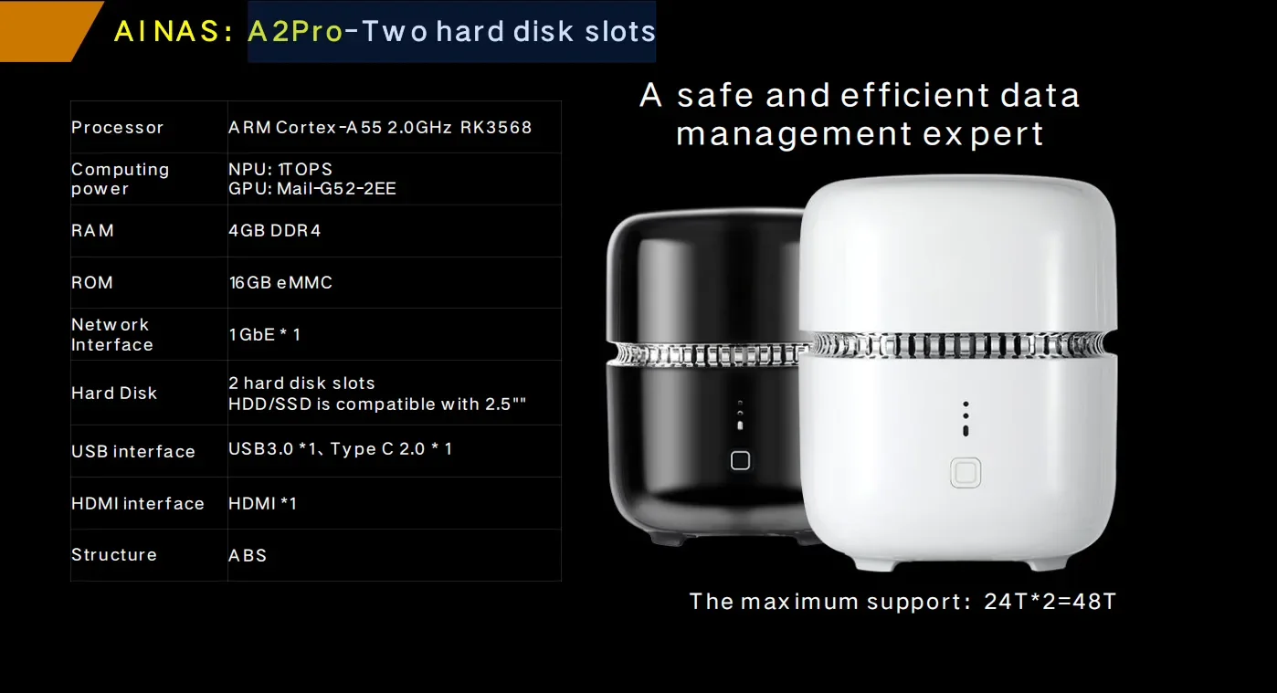 A2 Pro 2-Bay Compact NAS specification table
