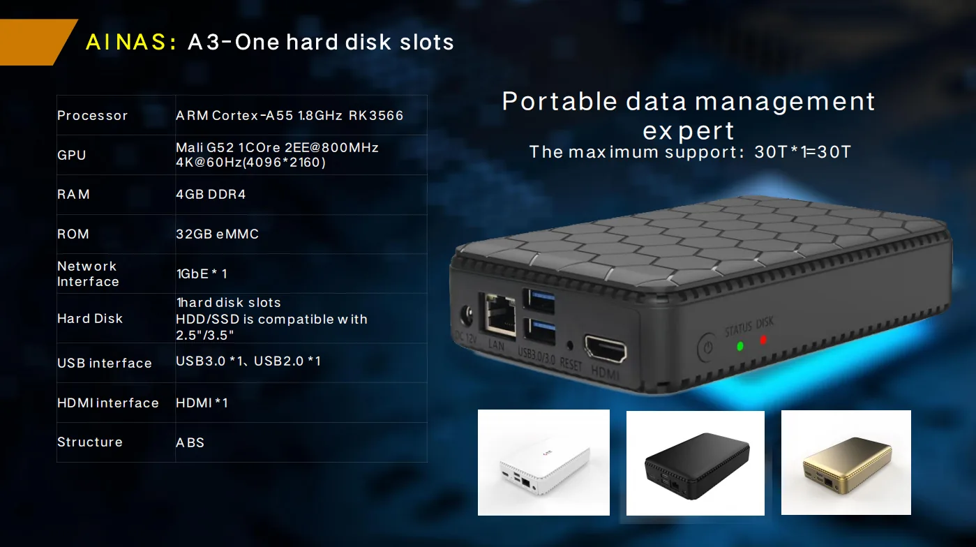 A3 Pro 1-Bay Compact NAS specification table