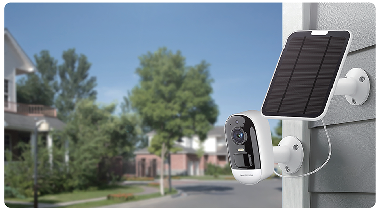 Solar-powered 4G security camera and solar panel installed on a street pole, outdoor scene photo