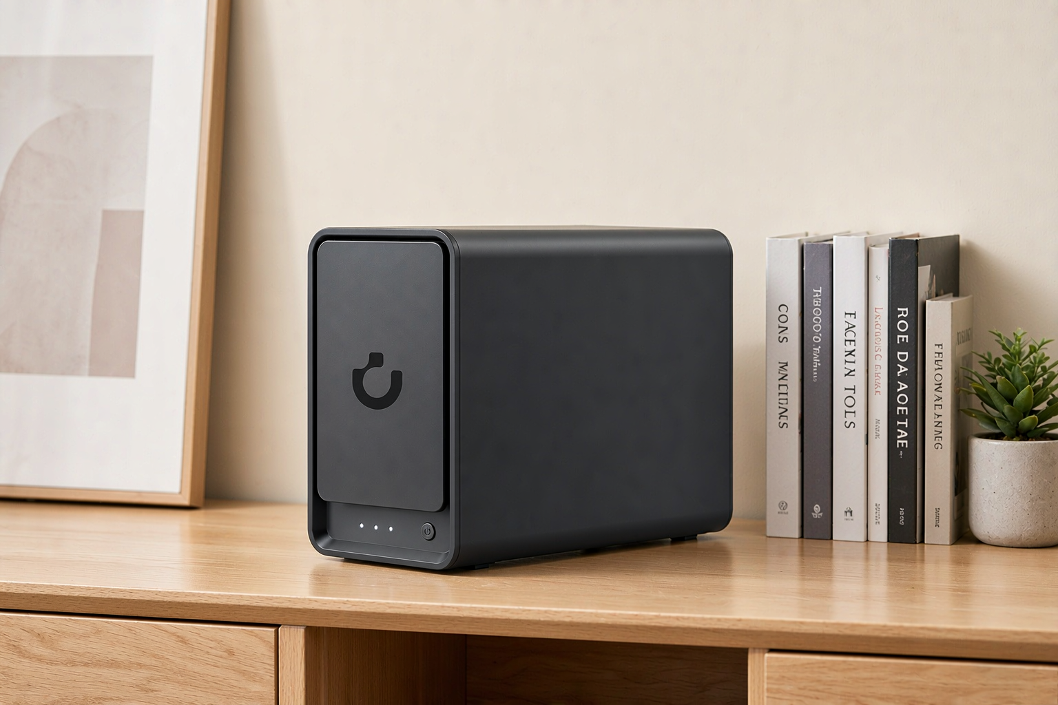 S2 smart storage on a wooden desk next to books