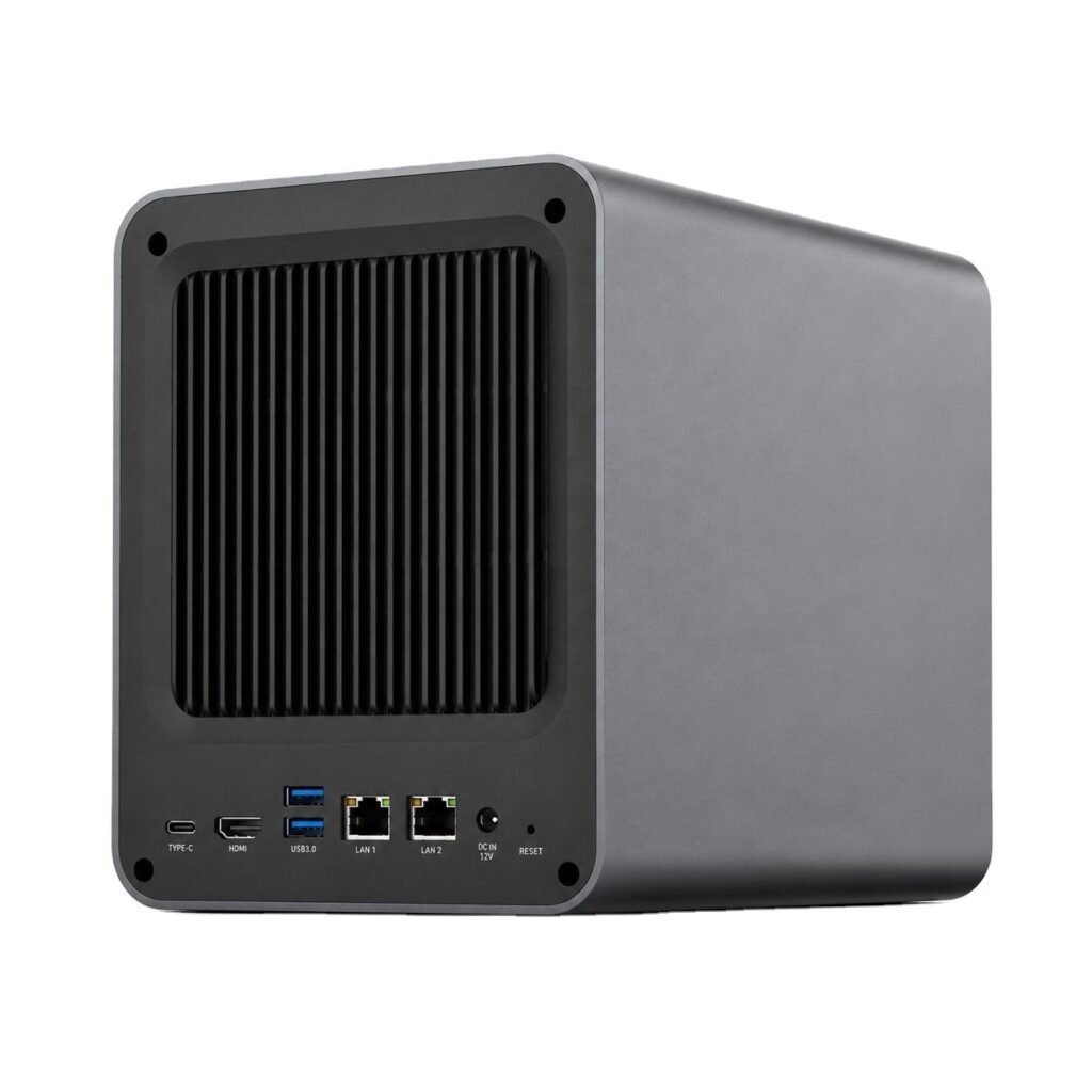 Rear panel of a woCyber on-premises NAS appliance with dual LAN ports, administered inside the customer's own network