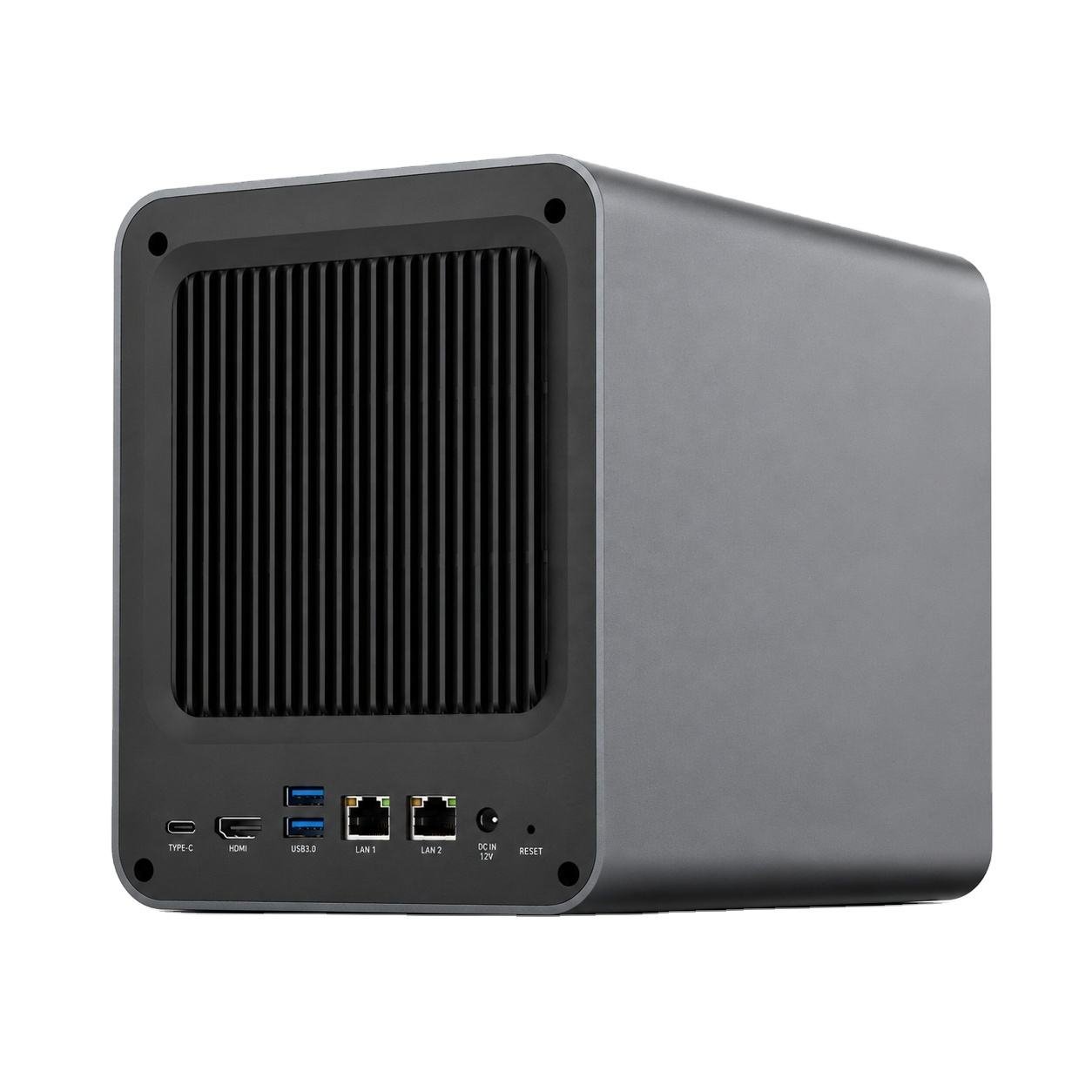 Rear panel of a woCyber on-premises NAS appliance with dual LAN ports, administered inside the customer's own network