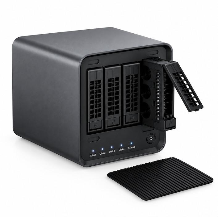 woCyber X4 4-bay NAS server with a tool-less drive tray pulled out