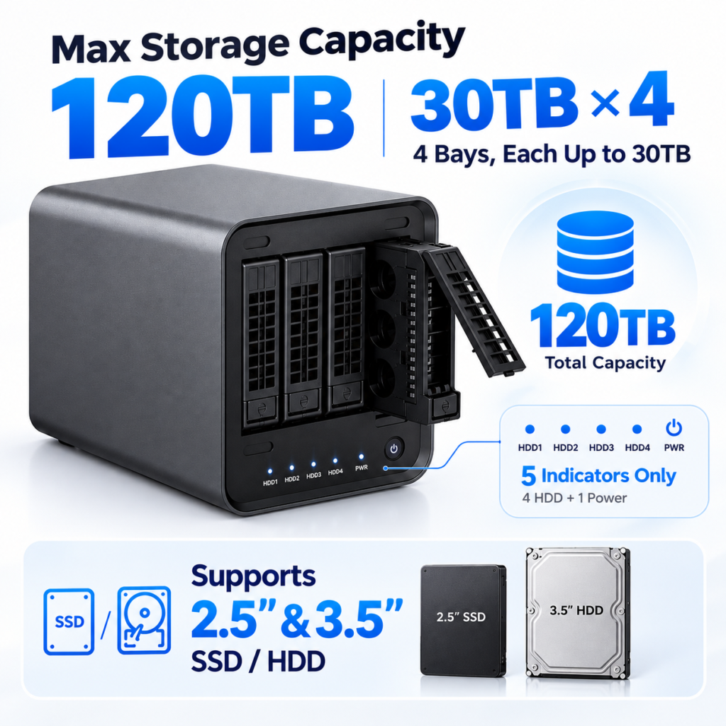 X4 maximum storage capacity panel: 120 TB total from four bays at up to 30 TB each